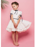 Ivory Cotton Flower Girl Dress With Navy Blue Ribbon